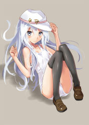 Rule 34 | 10s, 1girl, adjusting clothes, adjusting headwear, black thighhighs, blue eyes, full body, hammer and sickle, hat, hibiki (kancolle), kantai collection, katahira masashi, loafers, looking at viewer, one-piece swimsuit, personification, school swimsuit, shoes, silver hair, solo, swimsuit, thighhighs, verniy (kancolle), white one-piece swimsuit