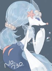 Rule 34 | blue eyes, bubble, colored eyelashes, commentary request, creatures (company), from side, game freak, gen 7 pokemon, grey background, hand up, highres, natsumekan, nintendo, no humans, open mouth, pokedex number, pokemon, pokemon (creature), primarina, simple background, smile, solo