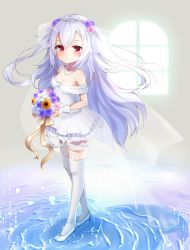 Rule 34 | 1girl, animal ear legwear, azur lane, bare shoulders, blush, bouquet, bow, breasts, brown bow, brown ribbon, commentary request, day, dress, flower, gloves, hair between eyes, hair flower, hair ornament, high heels, highres, holding, holding bouquet, jewelry, kokone (coconeeeco), laffey (azur lane), long hair, looking at viewer, necklace, off-shoulder dress, off shoulder, parted lips, pearl necklace, pink flower, pink rose, purple flower, purple rose, rabbit ear legwear, red eyes, ribbon, rose, see-through, shoes, silver hair, small breasts, solo, standing, sunflower, sunlight, thighhighs, very long hair, water, white dress, white flower, white footwear, white gloves, white thighhighs, window, yellow flower