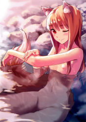 Rule 34 | 1girl, ;), absurdres, animal ears, bath, bathing, blush, breasts, brown hair, highres, holo, kawakami rokkaku, long hair, looking at viewer, navel, nipples, nude, one eye closed, onsen, partially submerged, petite, red eyes, scan, small breasts, smile, solo, spice and wolf, tail, washing, wet, wink, wolf ears, wolf tail