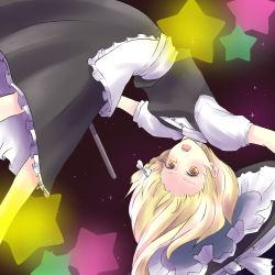 Rule 34 | 1girl, apron, blonde hair, braid, hairline, hat, unworn hat, unworn headwear, highres, kirisame marisa, long hair, minato (shouno), open mouth, orange eyes, outstretched arms, side braid, solo, spread arms, star (symbol), touhou, upside-down, waist apron, witch hat