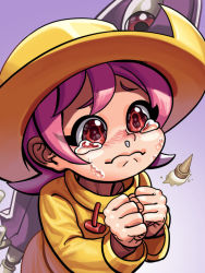 Rule 34 | 1girl, blush, crying, food, hands up, hat, hungern (skullgirls), ice cream, ice cream cone, lyoung0j, own hands together, pink eyes, pink hair, pout, raincoat, skullgirls, snot, solo, spill, tearing up, tears, umbrella, umbrella (skullgirls), upper body, wavy mouth