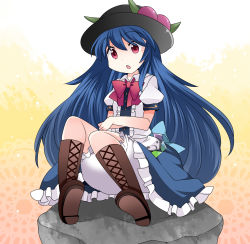 Rule 34 | 1girl, :o, black hat, bloomers, blue hair, blue skirt, blush, boots, bow, bowtie, brown footwear, center frills, commentary request, cross-laced footwear, crossed arms, food, frills, fruit, gradient background, hammer (sunset beach), hat, highres, hinanawi tenshi, knee boots, knees up, lace-up boots, long hair, medium skirt, open mouth, peach, puffy short sleeves, puffy sleeves, red bow, red bowtie, red eyes, rock, shirt, short sleeves, sitting, skirt, solo, tareme, touhou, underwear, upskirt, very long hair, white shirt