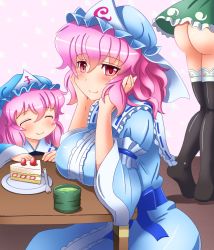 Rule 34 | 3girls, ass, bad id, bad pixiv id, breast rest, breasts, cake, cake slice, chabudai (table), child, cup, closed eyes, female focus, food, fork, fruit, green tea, hat, japanese clothes, ko-yuyuko (shin&#039;en), konpaku youmu, lace, lace-trimmed legwear, lace trim, large breasts, mother and daughter, multiple girls, pink eyes, pink hair, plate, saigyouji yuyuko, shin&#039;en (gyokuro company), short hair, skirt, smile, strawberry, strawberry shortcake, table, tea, thighhighs, touhou, triangular headpiece, yunomi