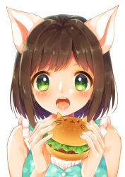 Rule 34 | 10s, 1girl, animal ears, bare shoulders, blush, breasts, brown hair, burger, buttons, cat ears, commentary request, food, frills, green eyes, highres, holding, holding food, idolmaster, idolmaster cinderella girls, kemonomimi mode, lettuce, maekawa miku, medium breasts, open mouth, polka dot, portrait, shiramori sawa, short hair, simple background, sleeveless, solo, tomato, white background