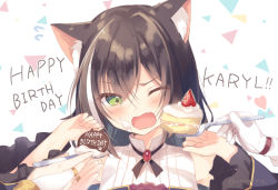 Rule 34 | 3girls, amamine, animal ear fluff, animal ears, bare shoulders, black hair, blue sleeves, blush, bridal gauntlets, cake, cake slice, cat ears, character name, commentary request, detached sleeves, fang, feeding, flying sweatdrops, food, food on face, fork, fruit, gloves, green eyes, hair between eyes, happy birthday, holding, holding fork, holding spoon, karyl (princess connect!), kokkoro (princess connect!), long hair, long sleeves, looking at viewer, multicolored hair, multiple girls, one eye closed, open mouth, out of frame, pecorine (princess connect!), princess connect!, shirt, sleeveless, sleeveless shirt, solo focus, spoon, strawberry, streaked hair, twitter username, upper body, wavy mouth, white background, white gloves, white hair, white shirt, wide sleeves