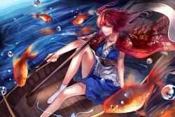 Rule 34 | &gt;:), 1girl, boat, breasts, cape, cleavage, fish, hair bobbles, hair ornament, highres, holding, looking at viewer, onozuka komachi, smoking pipe, red eyes, red hair, scythe, sitting, solo, touhou, two side up, u u zan, v-shaped eyebrows, watercraft, wind