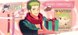Rule 34 | 1boy, beer mug, candy, candy cane, character name, chibi, copyright name, cup, food, gift, green hair, highres, holding, holding gift, lollipop, looking at viewer, male focus, merry christmas, mug, one eye closed, one piece, red scarf, roronoa zoro, scar, scar across eye, scar on chest, scarf, short hair, sideburns, solo, star (symbol), stitches, stnutt, swirl lollipop, sword, wanted, weapon