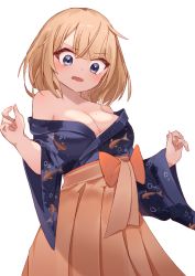 Rule 34 | 1girl, alternate hairstyle, animal print, blonde hair, blue eyes, blue kimono, breasts, brown footwear, cleavage, commentary, cowboy shot, english commentary, fang, fish, fish on head, fish print, floral print, furrowed brow, goldfish print, gradient skirt, hakama, highres, hololive, hololive english, japanese clothes, kimono, loose clothes, medium breasts, mole, mole on breast, obi, official alternate costume, okobo, open mouth, print kimono, sandals, sash, short hair, simple background, skaarl (artist), skin fang, solo, standing, virtual youtuber, watson amelia, watson amelia (new year), white background, white sleeves, yellow hakama
