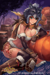 Rule 34 | 1girl, age of ishtaria, bare shoulders, barrel, boots, bottle, bracelet, breasts, brown footwear, brown hair, cleavage, copyright name, copyright notice, cuboon, elbow gloves, female focus, fingerless gloves, fur boots, fur trim, gem, gloves, green eyes, halloween, jewelry, knee boots, large breasts, navel, parted lips, pumpkin, scarf, sitting, solo, thighhighs, tree, wolf hood