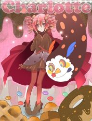 Rule 34 | 10s, bad id, bad pixiv id, candy, cape, character name, charlotte (madoka magica), doughnut, drill hair, food, mahou shoujo madoka magica, mahou shoujo madoka magica (anime), mikan (artist), pantyhose, personification, pink eyes, pink hair, shoes, sleeves past wrists, solo