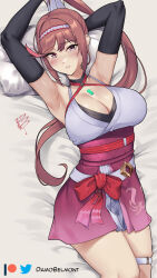 Rule 34 | 1girl, armpits, arms up, bare shoulders, bed sheet, black gloves, bow, breasts, cleavage, commentary, cowboy shot, damobelmont, elbow gloves, glimmer (xenoblade), gloves, highres, japanese clothes, kimono, large breasts, long hair, looking at viewer, lying, on back, parted lips, pink hair, purple eyes, red bow, short kimono, sleeveless, sleeveless kimono, solo, thigh strap, thighs, very long hair, xenoblade chronicles (series), xenoblade chronicles 3