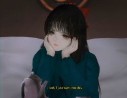 Rule 34 | 1girl, aoi ogata, artist name, black hair, black nails, blue shirt, blurry, blurry background, bow, brown eyes, closed mouth, coffee pot, commentary, cup, depth of field, english text, hair bow, hands up, head in hand, head rest, highres, long hair, long sleeves, looking away, looking to the side, nail polish, original, red bow, shirt, solo, upper body