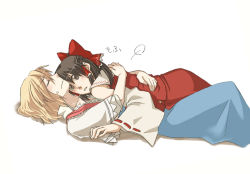 Rule 34 | 2girls, alice margatroid, blonde hair, blush, brown eyes, brown hair, confused, detached sleeves, closed eyes, female focus, girl on top, hakurei reimu, hug, japanese clothes, lying, miko, multiple girls, on back, open clothes, open shirt, see-through, shirt, short hair, sweat, tired, torinone, touhou, yuri
