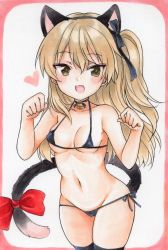 Rule 34 | 1girl, airi (akamichiaika), animal ears, bell, bikini, black thighhighs, blonde hair, blush, border, breasts, brown eyes, cameltoe, cat ears, cat tail, collar, collarbone, covered erect nipples, fake animal ears, fake tail, girls und panzer, heart, highres, long hair, looking at viewer, micro bikini, navel, neck bell, open mouth, paw pose, pink border, shimada arisu, side-tie bikini bottom, simple background, small breasts, smile, solo, standing, swimsuit, tail, thighhighs, white background