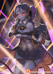 Rule 34 | 1girl, alien, black skirt, blue skin, blush, bow, breasts, bridal garter, cable, cleavage, colored skin, dancing, detached collar, dress, gloves, hair bow, headphones, holding, holding microphone, idol, legwear garter, medium breasts, medium hair, microphone, no nose, no pupils, off-shoulder dress, off shoulder, purple bow, red eyes, sgt lonely, single legwear garter, single thighhigh, skirt, smile, solid eyes, solo, stage, stage lights, t&#039;au, thighhighs, warhammer 40k, white gloves, white thighhighs, wireless