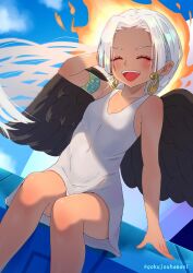 1girl black_wings blood blue_sky closed_eyes dark-skinned_female dark_skin day dress earrings feathered_wings fire green_blood hamaeru highres jewelry long_hair one_piece open_mouth outdoors s-snake sitting sky snake_earrings solo white_dress white_hair wings