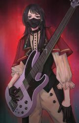 1girl absurdres bang_dream! bang_dream!_it&#039;s_mygo!!!!! black_gloves black_hair black_mask black_vest blue_eyes capelet commentary earrings electric_bass_guitar gloves highres holding holding_plectrum jewelry light_particles looking_at_viewer mask medium_hair mouth_mask pants plectrum red_background red_capelet shirt solo timoris_(bang_dream!) vest w_(juusepx) white_pants white_shirt yahata_umiri