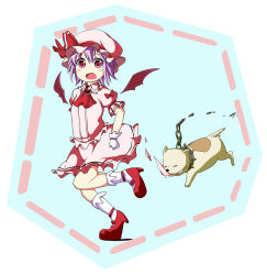 Rule 34 | 1girl, bat wings, biting, blue hair, blush, chain, dog, dress, female focus, gloves, hat, mahou shoujo madoka magica, mahou shoujo madoka magica (anime), open mouth, parody, pink dress, red eyes, red footwear, remilia scarlet, rioshi, shoes, short hair, solo, touhou, white gloves, wings