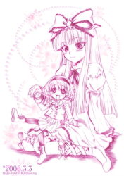 Rule 34 | 00s, 2006, 2girls, blunt bangs, blush, dress, hairband, hime cut, hinaichigo, looking down, looking up, monochrome, multiple girls, pantyhose, pink theme, ribbon, rozen maiden, sitting, sitting on lap, sitting on person, size difference, smile
