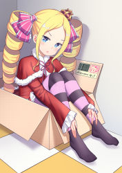 Rule 34 | 1girl, absurdres, beatrice (re:zero), blonde hair, blue eyes, blush, box, butterfly-shaped pupils, crown, drill hair, hair ornament, hair ribbon, high heels, highres, in box, in container, indoors, long hair, looking at viewer, open mouth, pantyhose, re:zero kara hajimeru isekai seikatsu, ribbon, solo, striped clothes, striped pantyhose, symbol-shaped pupils, twin drills, twintails, xiaoxi0619