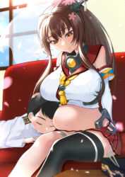 Rule 34 | 1boy, 1girl, absurdres, admiral (kancolle), age difference, asymmetrical legwear, blush, breasts, child, closed eyes, commentary, commentary request, commission, couch, cowboy shot, hand on another&#039;s head, hetero, highres, kantai collection, lap pillow, large breasts, little boy admiral (kancolle), long hair, lying, military, military uniform, muffin top, naval uniform, on couch, onee-shota, pixiv commission, plump, red skirt, sitting, skirt, sleeping, sleeping on person, terano haruma, thick thighs, thighs, uniform, yamato (kancolle)