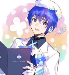 Rule 34 | 1boy, beret, blue eyes, blue hair, blue shirt, book, commentary, countdown, flower, formal, fuzichoco, gloves, hat, highres, holding, holding book, kaito (vocaloid), looking at viewer, magical mirai (vocaloid), magical mirai kaito, male focus, open book, open clothes, shirt, signature, smile, solo, suit, upper body, vocaloid, white gloves, white hat, white suit