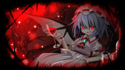 Rule 34 | 1girl, ascot, bottle, branch, collared shirt, cup, drinking glass, fang, gem, green gemstone, hair between eyes, hat, highres, holding, holding cup, miguchii, mob cap, no nose, open mouth, purple hair, red eyes, remilia scarlet, shirt, short hair, sitting, skirt, solo, touhou, vampire, white shirt, white skirt, wine bottle, wine glass, wrist cuffs