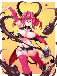 Rule 34 | 1girl, :q, absurdres, bare shoulders, black footwear, boots, bowl, breasts, chocolate, cleavage, commentary request, demon girl, demon wings, detached sleeves, drill hair, highres, horns, large breasts, long hair, midriff, navel, one eye closed, onsoku inu, original, pink hair, pink sleeves, pink thighhighs, pointy ears, skindentation, solo, symbol-shaped pupils, thighhighs, tongue, tongue out, twin drills, wings, yellow background