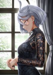 Rule 34 | 1girl, absurdres, ahoge, alternate costume, black shirt, breasts, curtains, earrings, floral print, from side, grey eyes, grey hair, gundam, gundam suisei no majo, highres, jewelry, long sleeves, looking at viewer, looking to the side, miorine rembran, nonoa-cg, parted lips, see-through, see-through sleeves, shirt, short hair, small breasts, solo, upper body, window