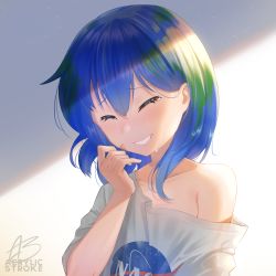 Rule 34 | 1girl, absurdres, acrylicstroke, artist name, bandaid, bandaid on face, blue hair, blush, bruise, bruise on face, collarbone, commentary, crying, earth-chan, english commentary, closed eyes, green hair, grin, hair between eyes, highres, injury, light, medium hair, multicolored hair, nasa logo, original, redrawn, sad smile, shadow, shirt, signature, smile, solo, tears, upper body, white shirt