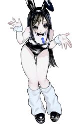 Rule 34 | 1girl, animal ears, bandaid, bandaid on breast, black bow, black bowtie, black footwear, black hair, black leotard, bow, bowtie, brown eyes, buttoned cuffs, commentary, detached collar, english commentary, fake animal ears, full body, hands up, highres, leaning forward, leg warmers, leotard, long hair, looking at viewer, original, parted lips, playboy bunny, rabbit ears, shoes, shrugging, simple background, solo, standing, straight hair, strapless, strapless leotard, swept bangs, thigh gap, traditional bowtie, urokogaran, white background, white leg warmers, wrist cuffs
