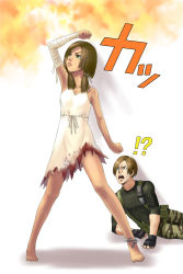 Rule 34 | !?, 1boy, 1girl, bad id, bad pixiv id, bandages, blood, breasts, brown hair, cleavage, closed mouth, dark skin, dress, fingerless gloves, gloves, leon s. kennedy, long hair, manuela hidalgo, resident evil, resident evil: the darkside chronicles, shigumo (shigeru), torn clothes, white dress