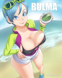 Rule 34 | 1girl, artist name, beach, bikini, bikini top only, blue eyes, blue hair, blue sky, breasts, bulma, cleavage, closed mouth, cloud, covered erect nipples, day, dragon ball, dragonball z, earrings, from above, hand on own hip, highres, jacket, javiermtz, jewelry, large breasts, legs, long sleeves, looking at viewer, matching hair/eyes, ocean, outdoors, short hair, shorts, skindentation, sky, smile, solo, sunglasses on head, swimsuit, watermark, web address
