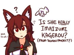 Rule 34 | 1girl, ?, animal ear fluff, animal ears, brooch, character name, copyright name, english text, fingernails, flying sweatdrops, head tilt, how to, imaizumi kagerou, jewelry, long hair, nail polish, parted lips, pointing, pointing at self, red eyes, red hair, red nails, simple background, solo, touhou, white background, wolf ears, wool (miwol)