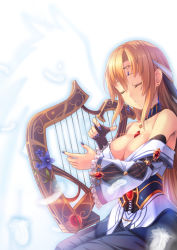 Rule 34 | 1girl, alternate costume, bare shoulders, blonde hair, breasts, circlet, cleavage, corset, closed eyes, fingerless gloves, flower, frilled sleeves, frills, gloves, hair down, harp, highres, instrument, large breasts, long hair, luupechi, nail polish, original, purple nails, sitting, solo, very long hair, wide sleeves, yuri (luupechi)