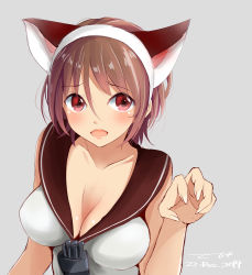 Rule 34 | 10s, 1girl, :o, animal ears, bad id, bad pixiv id, breasts, brown hair, cat ears, cleavage, collarbone, fake animal ears, grey background, highres, kantai collection, natori (kancolle), open mouth, red eyes, school uniform, serafuku, shirt, short hair, simple background, sleeveless, sleeveless shirt, solo, tebi (tbd11), upper body, white shirt