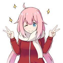 Rule 34 | 1girl, ;), ahoge, blue eyes, blush, closed mouth, commentary request, double v, hair between eyes, hair flaps, hands up, head tilt, highres, jacket, kagamihara nadeshiko, long hair, long sleeves, looking at viewer, low twintails, mitiru ccc2, one eye closed, pink hair, red jacket, scarf, sidelocks, simple background, smile, solo, sparkle, track jacket, twintails, v, very long hair, white background, white scarf, yurucamp