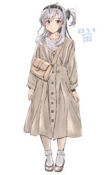 1girl, alternate costume, artist logo, bag, black headband, clothes writing, commentary request, dated, dress, full body, grey dress, grey eyes, hachimaki, headband, highres, kantai collection, ld (luna dial398), long hair, looking at viewer, one-hour drawing challenge, one side up, shimamura, silver hair, simple background, smile, solo, suzutsuki (kancolle), white background