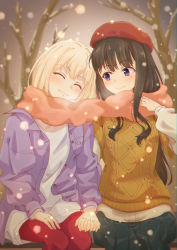 Rule 34 | 2girls, absurdres, black hair, blonde hair, blush, couple, closed eyes, hat, highres, holding hands, inoue takina, interlocked fingers, long hair, looking at another, lycoris recoil, medium hair, multiple girls, nishikigi chisato, outdoors, pants, purple eyes, scarf, shared clothes, shared scarf, sitting, smile, snowing, sweater, tree, winter clothes, yu clovers, yuri