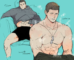 Rule 34 | 1boy, abs, bara, black male underwear, boxer briefs, brown hair, closed mouth, english text, grey hoodie, highres, hood, hood down, hoodie, jewelry, kuconoms, large pectorals, male focus, male underwear, multiple views, muscular, muscular male, navel, necklace, pectorals, piers nivans, resident evil, resident evil 6, short hair, sitting, teeth, translation request, twitter username, underwear, undressing