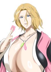 Rule 34 | 1girl, absurdres, areola slip, black kimono, bleach, blonde hair, blue eyes, breast focus, breasts, chain, chain necklace, cleavage, condom, condom necklace, condom wrapper, female focus, hair between eyes, highres, huge breasts, japanese clothes, jewelry, kimono, large areolae, lips, matsumoto rangiku, mole, mole under mouth, necklace, open clothes, open kimono, pink scarf, scarf, shihakusho, shinigami, short hair, simple background, solo, stray pubic hair, thick lips, uncensored, used condom, white background
