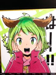 Rule 34 | 1girl, animal ears, dog ears, dress, green eyes, green hair, hands on own face, highres, kasodani kyouko, namauni, open mouth, photo (medium), pink dress, portrait, shikishi, short hair, sleeves past wrists, smile, solo, sparkle, teeth, touhou, traditional media, upper teeth only