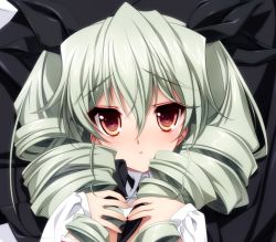 Rule 34 | 10s, 1girl, anchovy (girls und panzer), cape, commentary request, drill hair, girls und panzer, green hair, hair ribbon, long hair, red eyes, ribbon, senomoto hisashi, shirt, solo, twin drills, twintails, white shirt