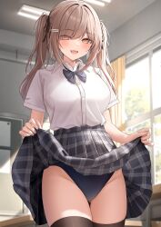 Rule 34 | 1girl, :d, absurdres, black one-piece swimsuit, blush, breasts, brown hair, clothes lift, collared shirt, commentary request, fang, highres, large breasts, long hair, looking at viewer, monaka curl, one-piece swimsuit, open mouth, original, pleated skirt, school uniform, shirt, short sleeves, skirt, skirt lift, smile, solo, swimsuit, swimsuit under clothes, thighhighs, thighs, twintails