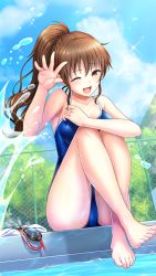 Rule 34 | 1girl, ;d, barefoot, blue one-piece swimsuit, blue sky, breasts, brown eyes, brown hair, cleavage, day, doukyuusei, doukyuusei another world, game cg, high ponytail, large breasts, long hair, official art, one-piece swimsuit, one eye closed, open mouth, outdoors, poolside, school swimsuit, sitting, sky, smile, solo, sparkle, splashing, swimsuit, tanaka misa, very long hair