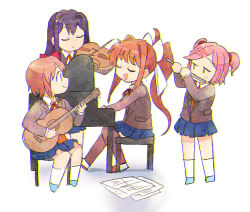 Rule 34 | 4girls, ahoge, arms up, blue footwear, blue skirt, bow, brown hair, brown jacket, brown legwear, chibi, closed eyes, closed mouth, commentary, doki doki literature club, flute, full body, guitar, hair bow, holding, holding instrument, holding violin, instrument, jacket, jitome, light brown hair, long hair, long sleeves, looking at another, monika (doki doki literature club), multiple girls, music, natsuki (doki doki literature club), necktie, open mouth, parted bangs, piano, piano bench, pink hair, playing instrument, playing piano, pleated skirt, ponytail, purple hair, red bow, red footwear, red neckwear, sayori (doki doki literature club), sheet music, shirt, short twintails, sidelocks, simple background, sitting, skirt, smile, socks, tareme, thighhighs, tsubobot, twintails, violin, white background, white bow, white legwear, white shirt, yuri (doki doki literature club)