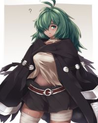 Rule 34 | 1girl, ?, bandages, black cape, black skirt, cape, capelet, cloak, cloud, commentary request, granblue fantasy, green eyes, green hair, hair over one eye, highres, kolulu (granblue fantasy), long hair, looking to the side, messy hair, parted lips, simple background, skirt, solo, standing, yonaga san