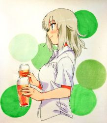 Rule 34 | 10s, 1girl, alcohol, beer, blue eyes, blush, casual, closed mouth, commentary, cropped torso, cup, dress shirt, drinking glass, fanta (the banana pistols), from side, froth, girls und panzer, highres, holding, holding cup, itsumi erika, light blush, long hair, scan, shirt, short sleeves, silver hair, smile, solo, standing, white shirt