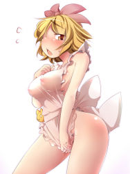 Rule 34 | 1girl, aki (akikaze asparagus), apron, blonde hair, blush, breasts, brown eyes, brown hair, covering privates, covering crotch, female focus, hair ornament, hand on own chest, medium breasts, multicolored hair, naked apron, nipples, open mouth, see-through, short hair, solo, toramaru shou, touhou, two-tone hair